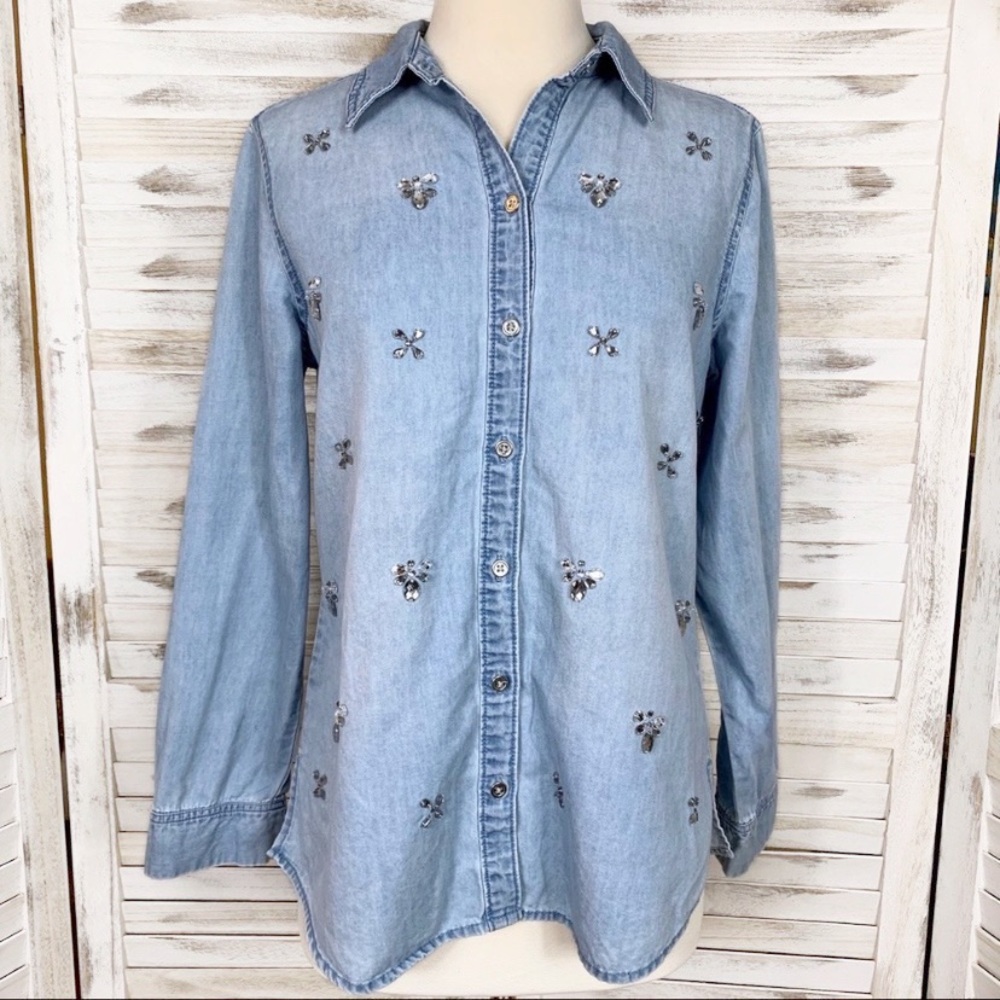 Chico’s | Embellished Chambray Denim Button Up Top